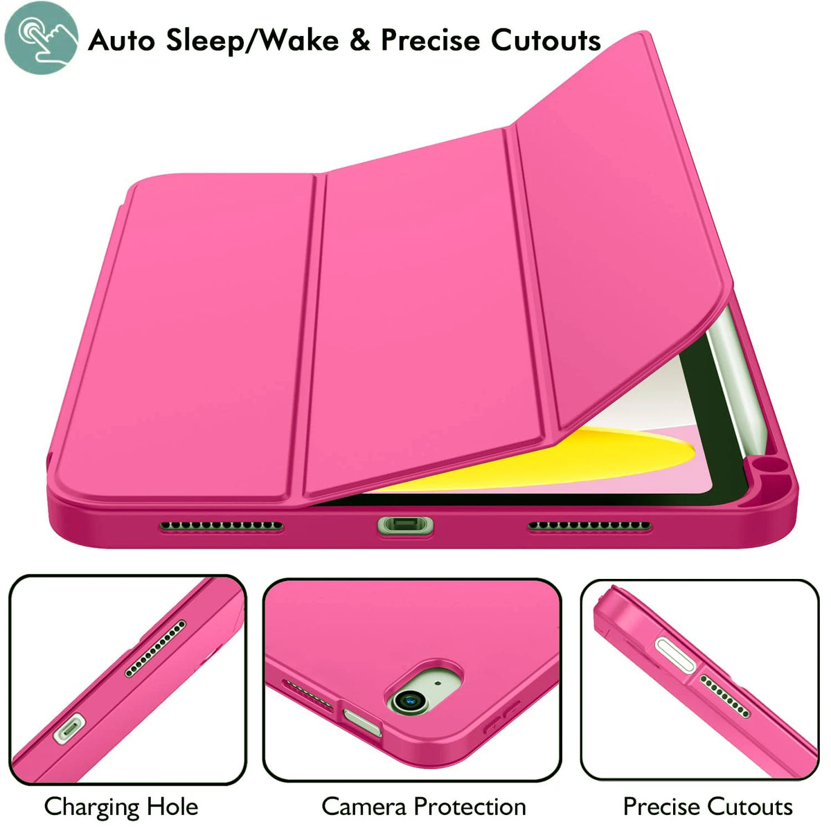 Pink universal protective case for iPad featuring auto sleep/wake and precise cutouts for charging and camera protection