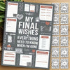 A spiral-bound planner workbook titled My Final Wishes with various sections for advance directives and end-of-life planning.