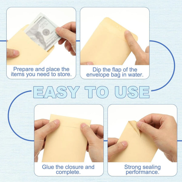 Diagram showing how to prepare, dip, glue, and seal colorful cash envelopes for storage.