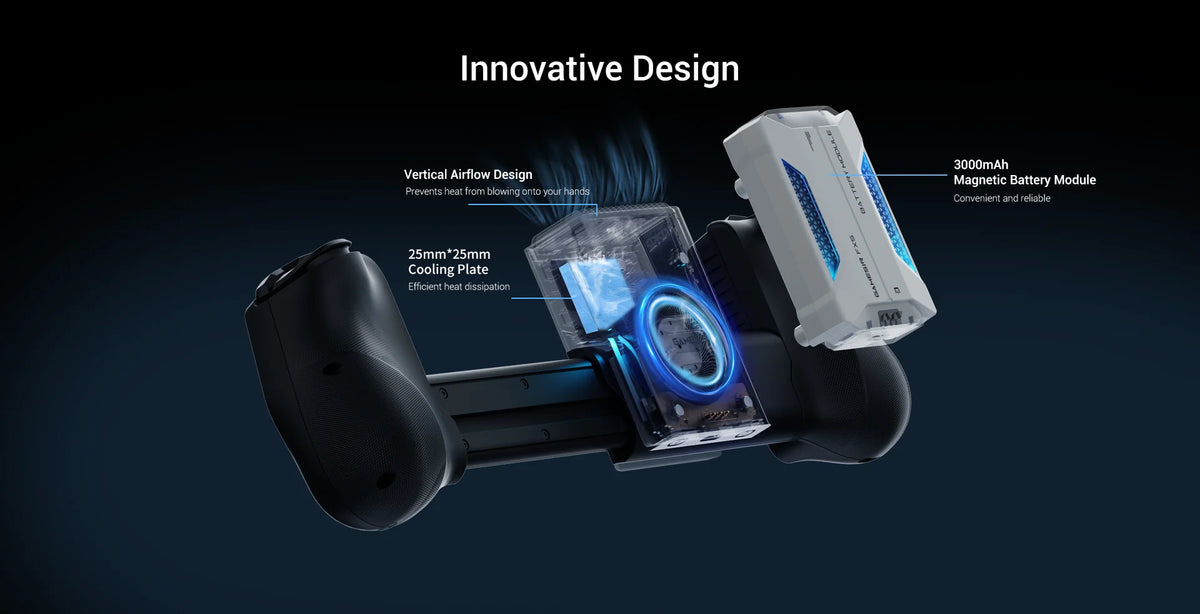 Schwarzes vertikales Luftstrom-Design-Kühler-Modul mit magnetisch befestigter Batterie vor dunklem Hintergrund.