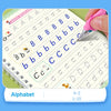 A practice book showing letters A through Z and numbers 1 through 10 for children's English writing and calligraphy.
