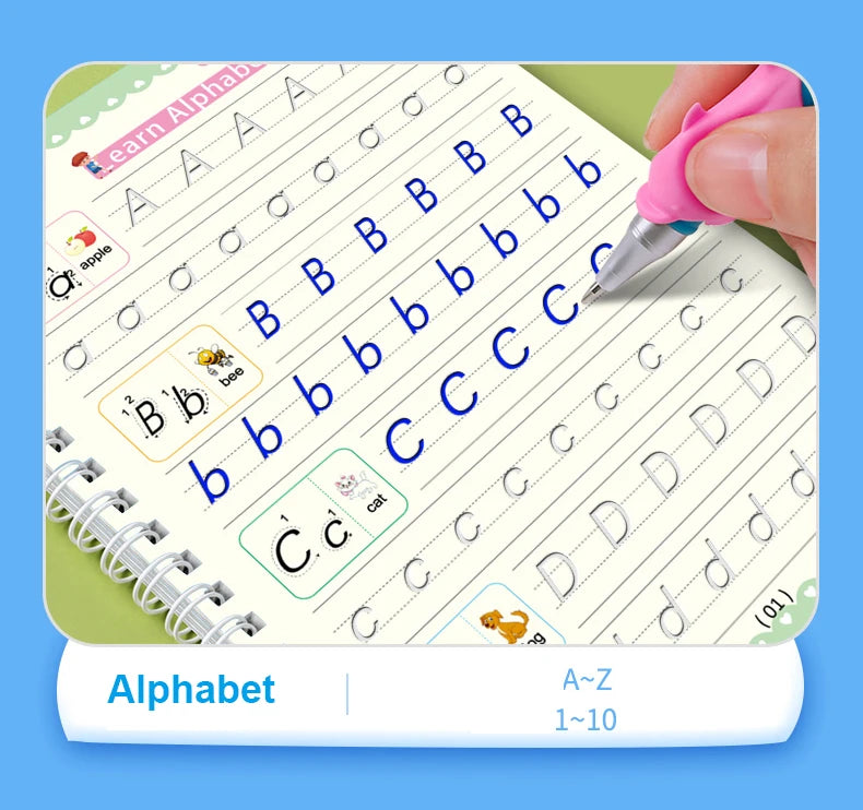 A practice book showing letters A through Z and numbers 1 through 10 for children's English writing and calligraphy.