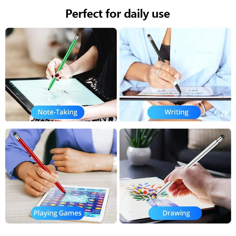 A collection of images showing a universal double-ended stylus being used for note-taking, writing, playing games, and drawin