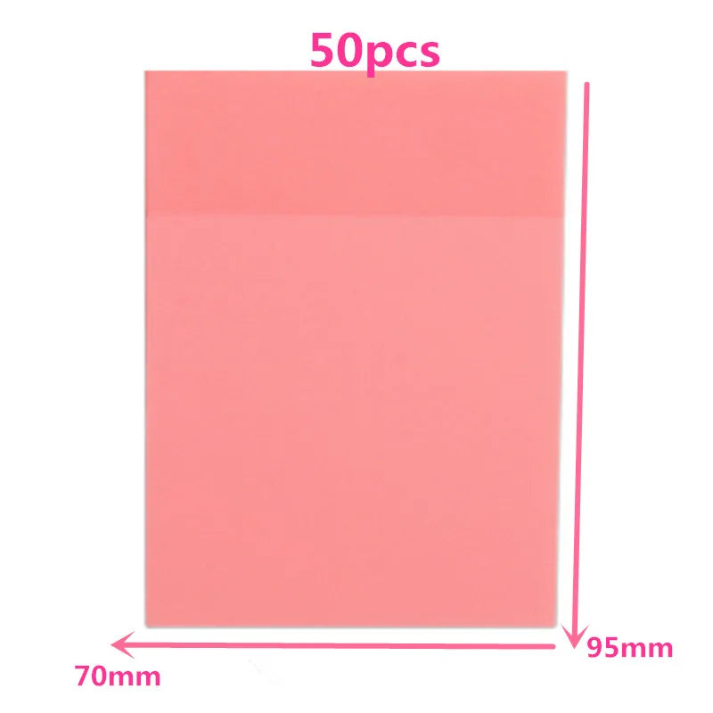 A rectangular sheet of pink transparent sticky notes with dimensions 70mm by 95mm.