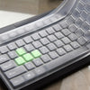 A close-up view of a silicone keyboard protector cover for a laptop keyboard, showing various keys and function keys.