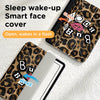 A leopard print face cover for an iPad, demonstrating a sleep wake-up feature.