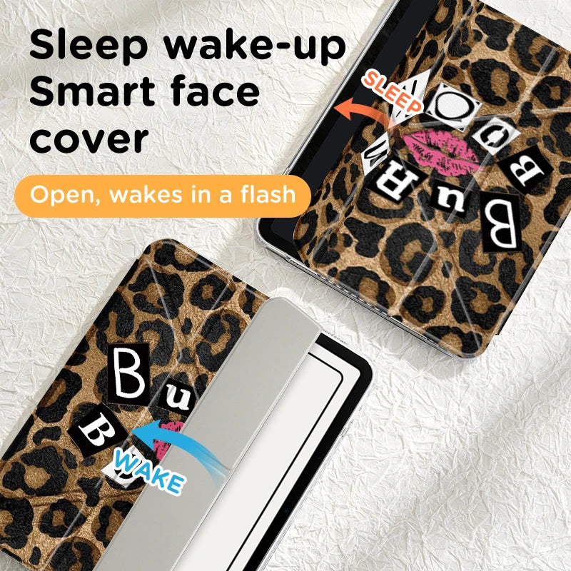 A leopard print face cover for an iPad, demonstrating a sleep wake-up feature.