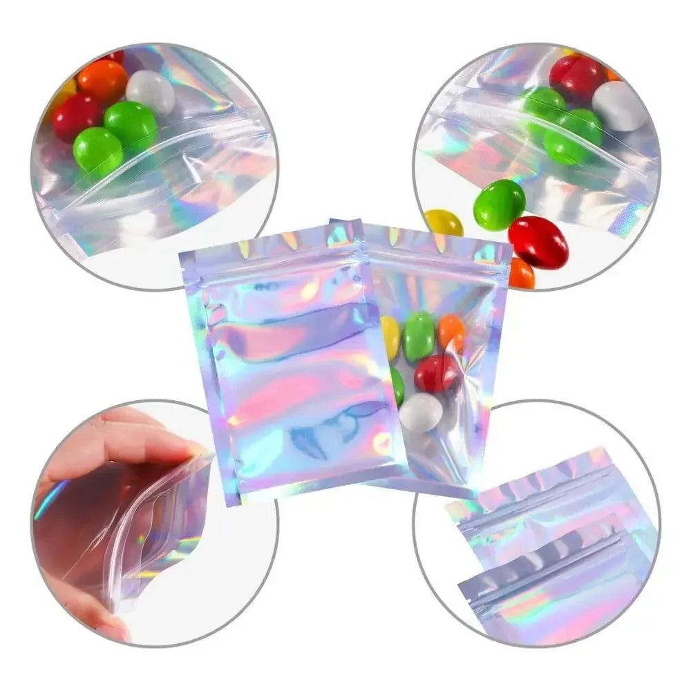 A collection of clear holographic rainbow pattern sealing bags displayed in various angles.