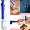 A blue precision mechanical pencil with a comfortable handle and built-in sharpener shown in various contexts.