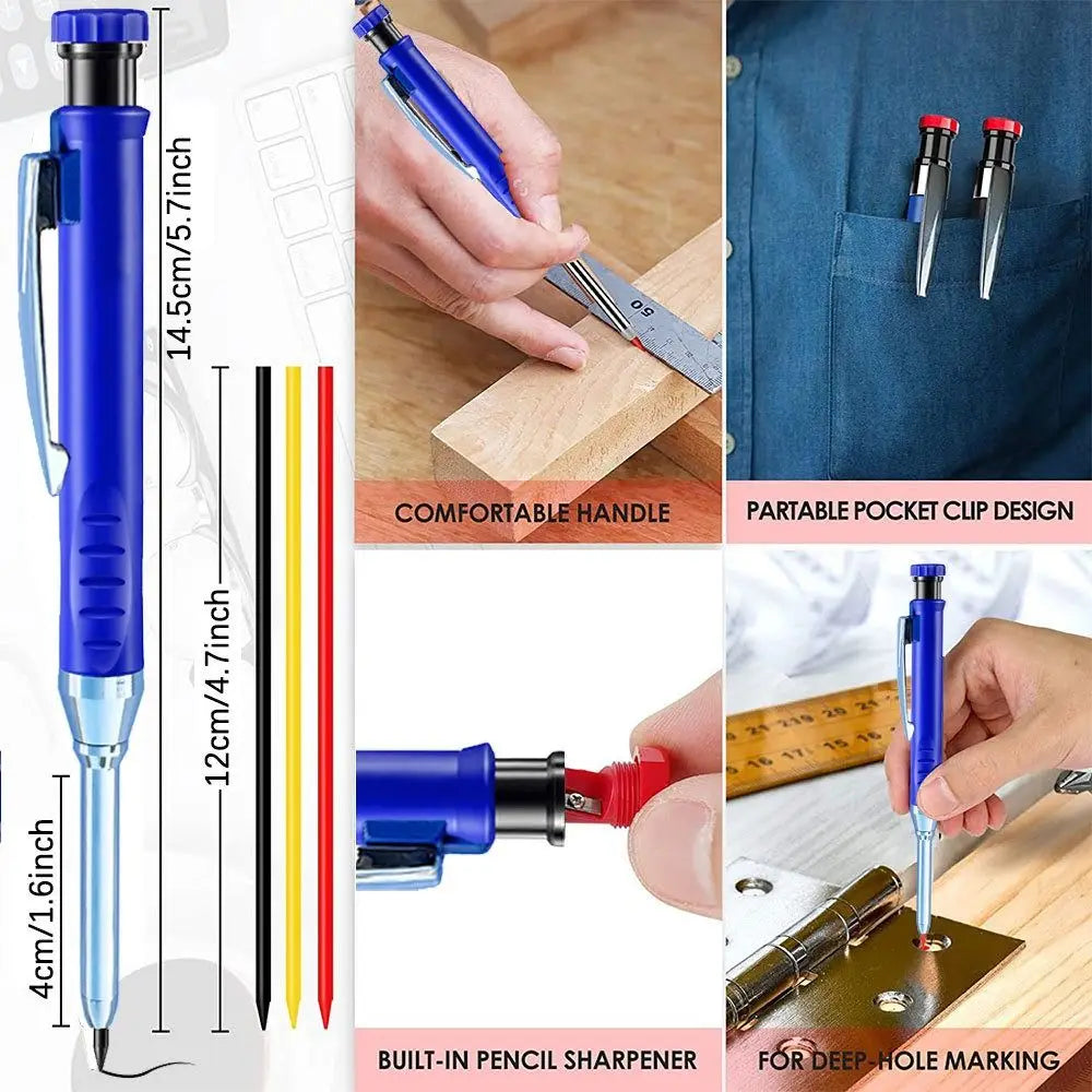 A blue precision mechanical pencil with a comfortable handle and built-in sharpener shown in various contexts.