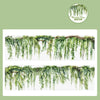 Watercolor illustration of green floral vines dripping down, suitable for journaling and crafts.