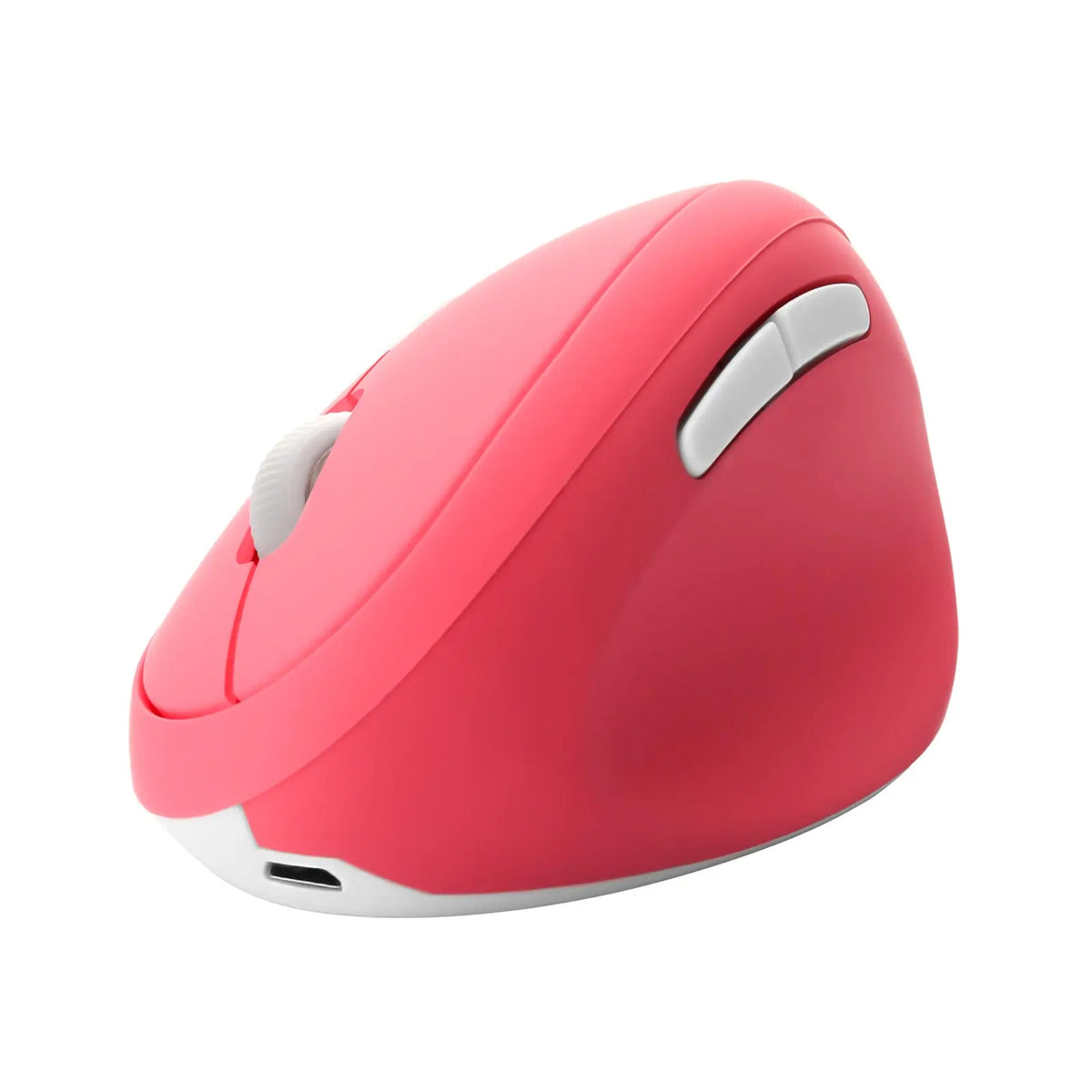 A pink ergonomic vertical wireless gaming mouse with white accents shown from above.