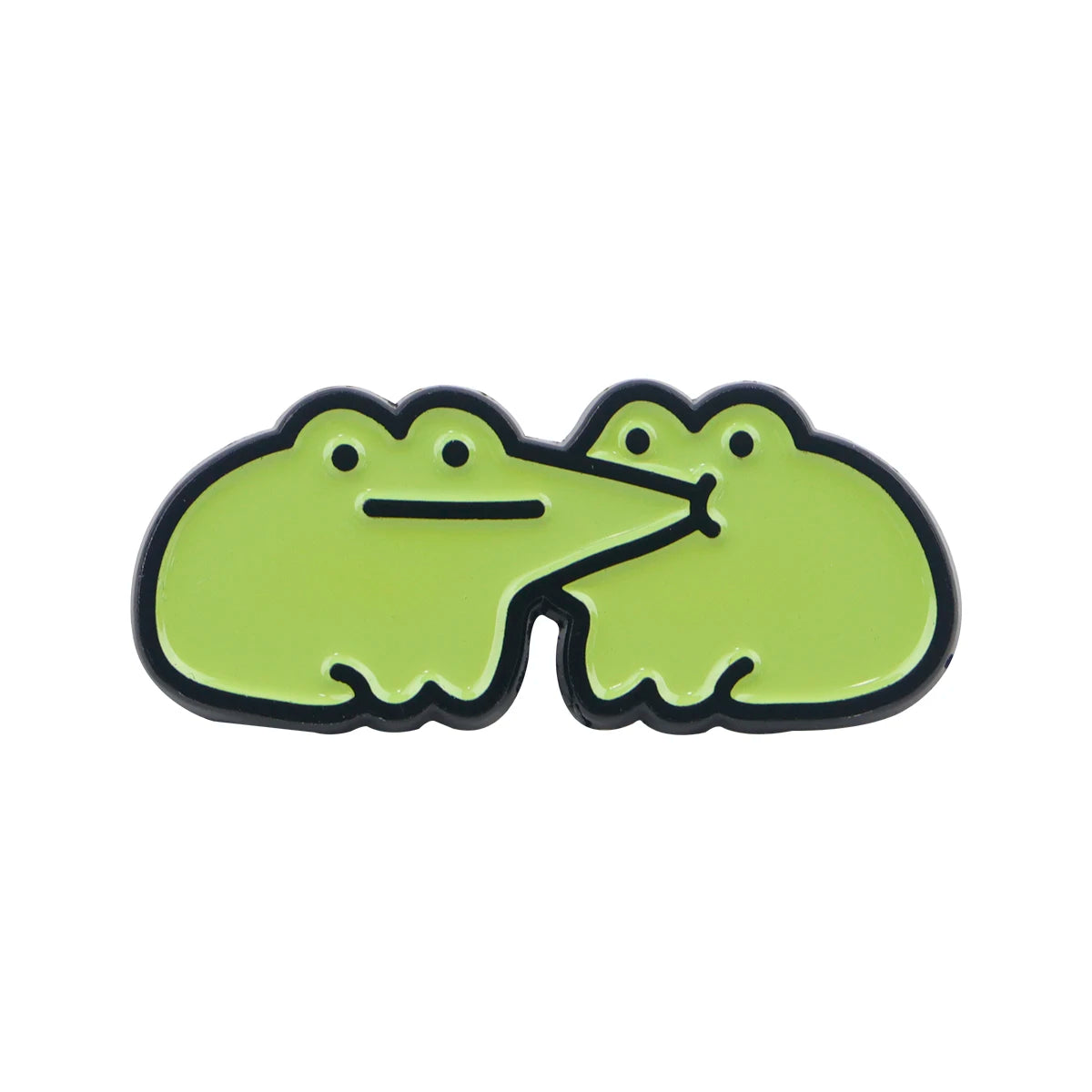 A pair of lime green enamel pins shaped like smiling frogs.