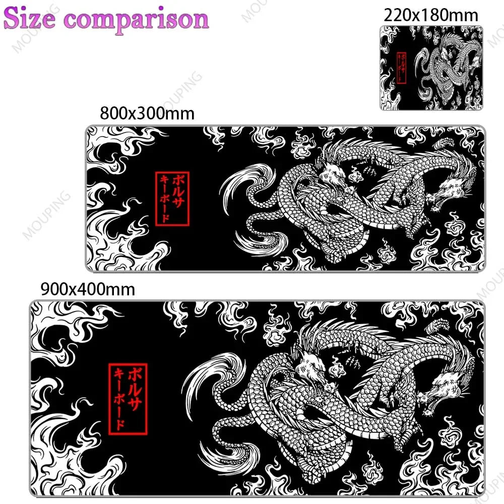 A black gaming desk mat featuring a detailed purple and white Japanese dragon design.
