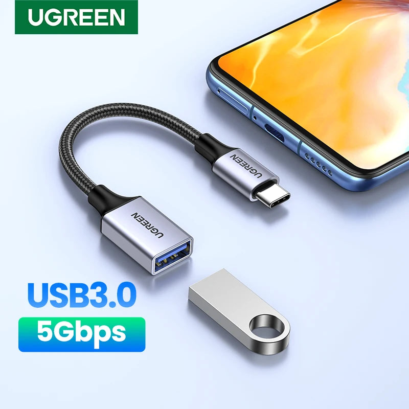 A UGREEN USB-C to USB 3.0 OTG adapter cable and a corresponding adapter are shown next to a smartphone.