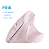A pink ergonomic wireless vertical mouse is shown from a side angle.