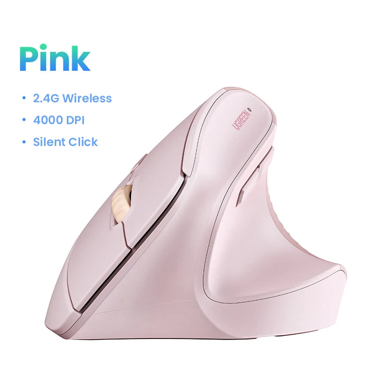 A pink ergonomic wireless vertical mouse is shown from a side angle.