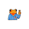 An enamel pin featuring a frog character making a peace sign.