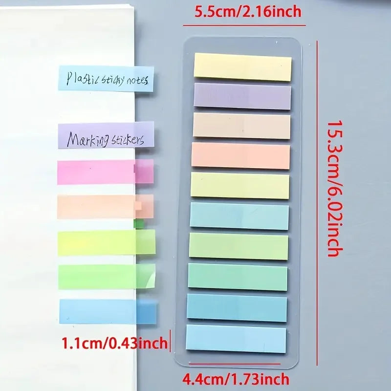 A set of fluorescent transparent tabs in various pastel colors are displayed next to a ruler showing their dimensions.
