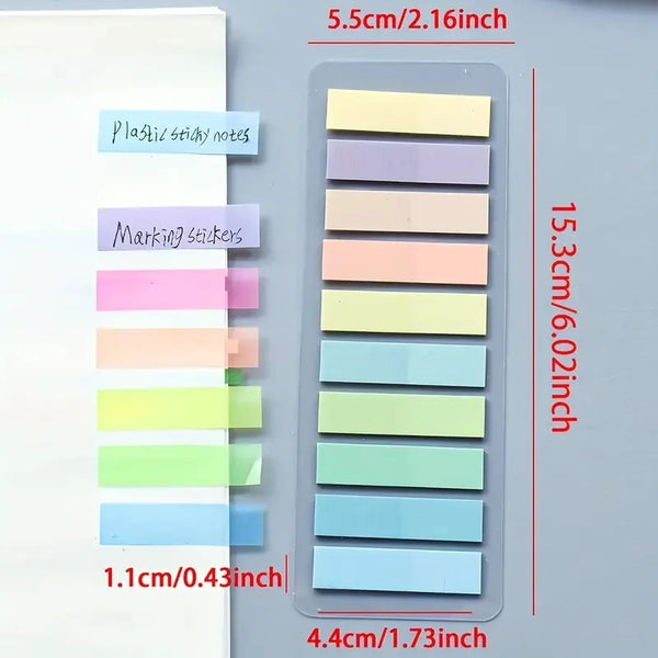 A set of fluorescent transparent tabs in various pastel colors are displayed next to a ruler showing their dimensions.