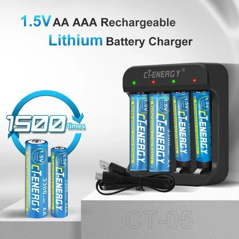 Schwarzer Mehrfachlader für 1,5V AA AAA wiederaufladbare Lithiumbatterien mit mehreren eingelegten Batterien.
