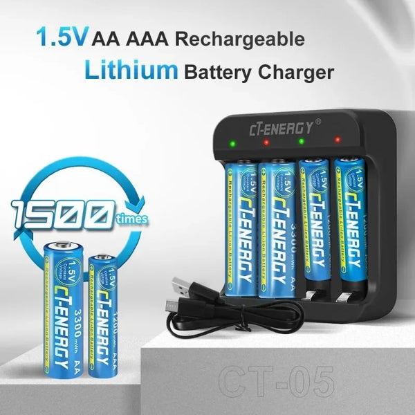 A black multi-slot charger for 1.5V AA AAA rechargeable Lithium batteries is shown with several batteries inserted.