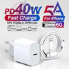 A white PD 40W fast charging cable is shown next to a circular charging coil, designed for iPhone and other Apple devices.