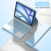 Estuche desmontable de color azul cielo para teclado de iPad, mostrando la tableta y el componente del teclado.