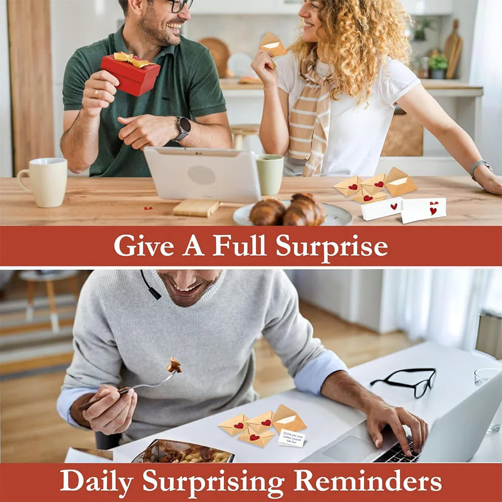 A person is giving a surprise to another with note cards and envelopes on a wooden table.