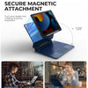 A blue magnetic keyboard case attaches a tablet to a laptop for secure magnetic attachment in landscape and portrait modes.