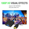 Black HDMI to VGA adapter cable with a yellow connector lying on a desk next to a computer monitor.