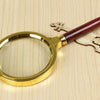 A gold-rimmed magnifying glass with a wooden handle rests next to a violin silhouette.