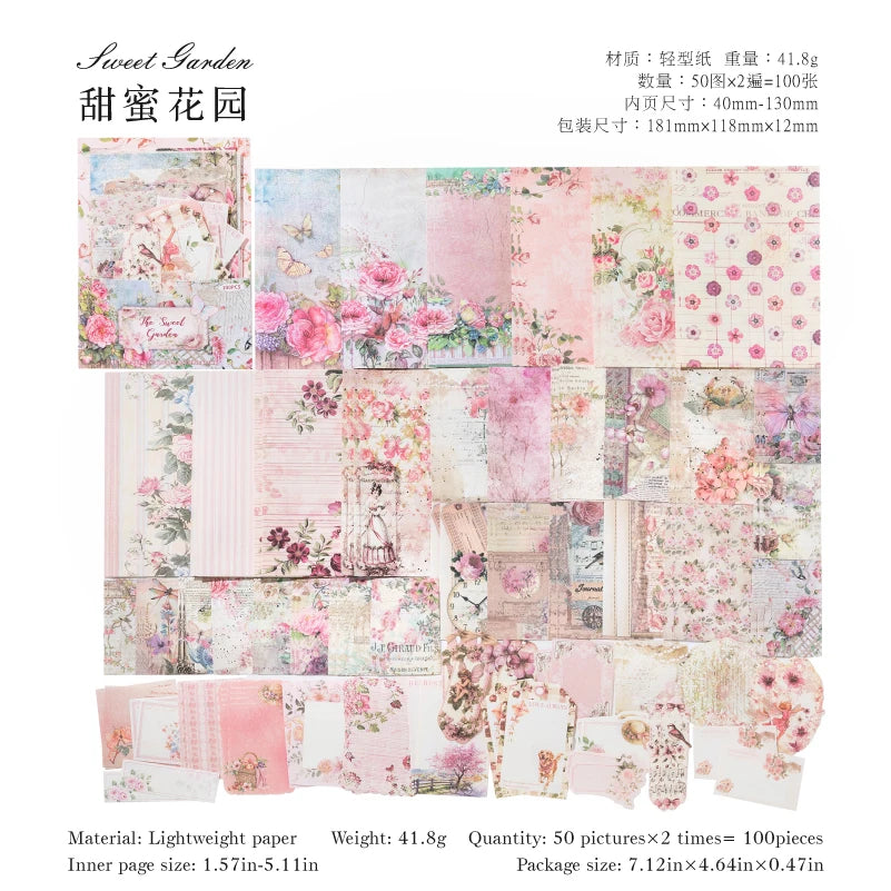 A pack of 100 pieces of pink and floral themed lightweight paper for DIY scrapbooking and journaling.