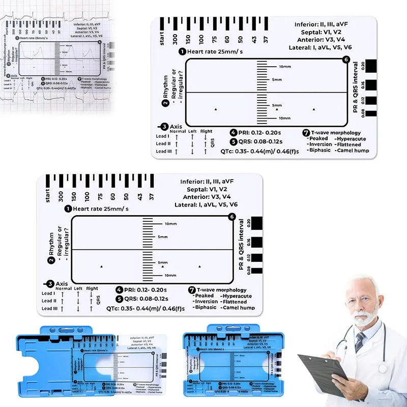 A set of seven step ECG ruler cards used for EKG interpretation, showing various heart rate and rhythm waveforms.