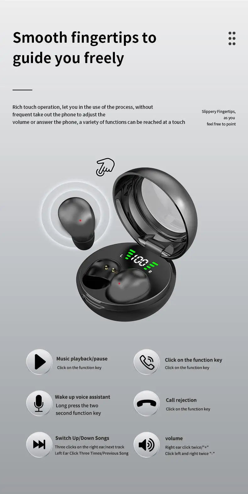 A black mini wireless Bluetooth earbud case open showing the charging area and a pair of earbuds.