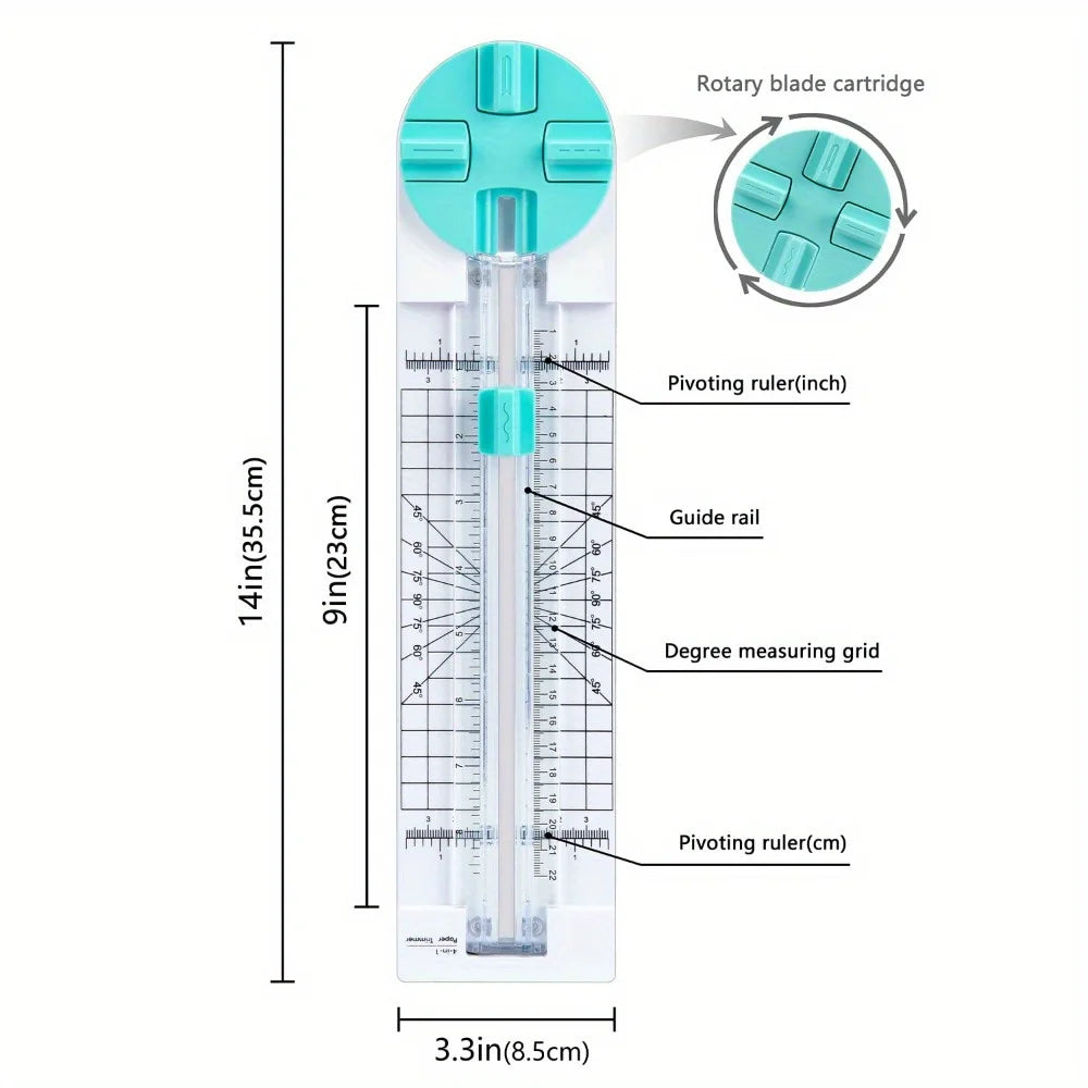 A clear plastic rotary blade cartridge and measuring tools for a 4-in-1 paper cutting machine.