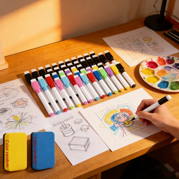 A hand is writing on paper using a set of eight colored dry erase markers and a magnetic eraser on a wooden table.