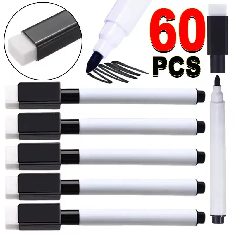 A set of sixty dry erase markers with felt erasers shown in various colors and angles.