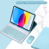 A light blue iPad case with a Bluetooth keyboard and mouse shown next to the device.