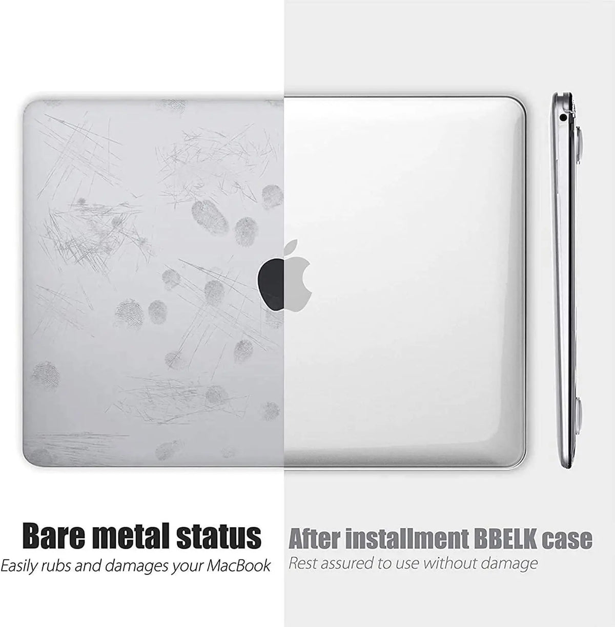 A white hard shell case for a MacBook Air, showing the bare metal status and an installed BBELK case.