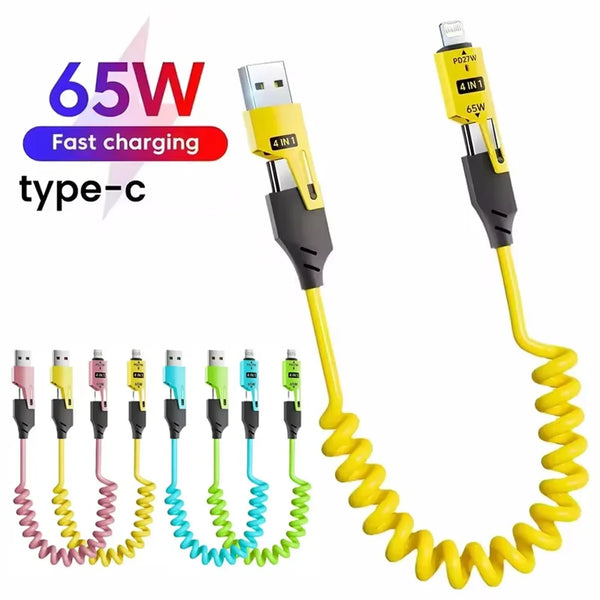 A yellow and black 4-in-1 retractable fast charging cable with a USB-C adapter shown coiled.