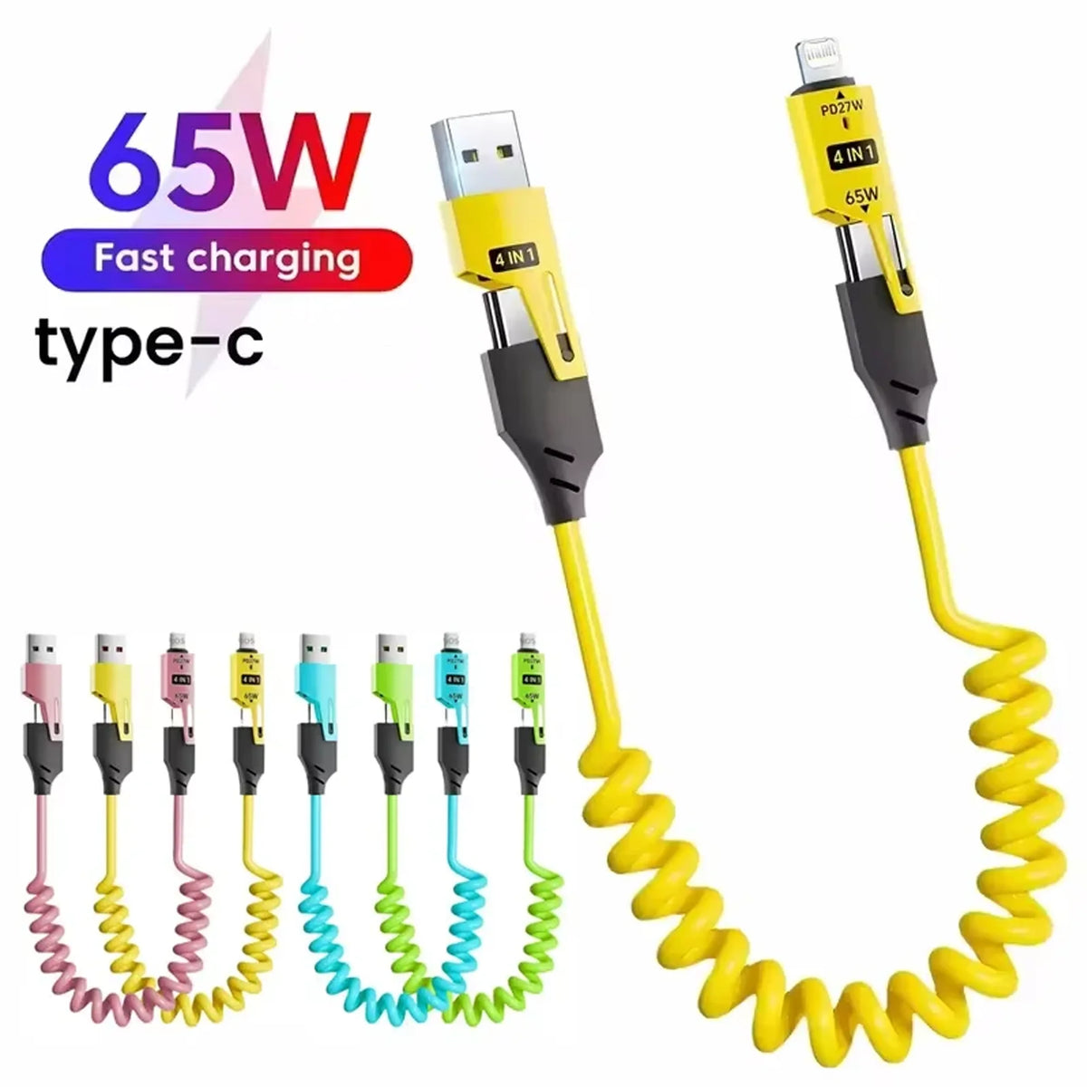 A yellow and black 4-in-1 retractable fast charging cable with a USB-C adapter is shown.