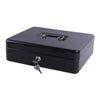 A black secure metal money box with a latch and keyhole.