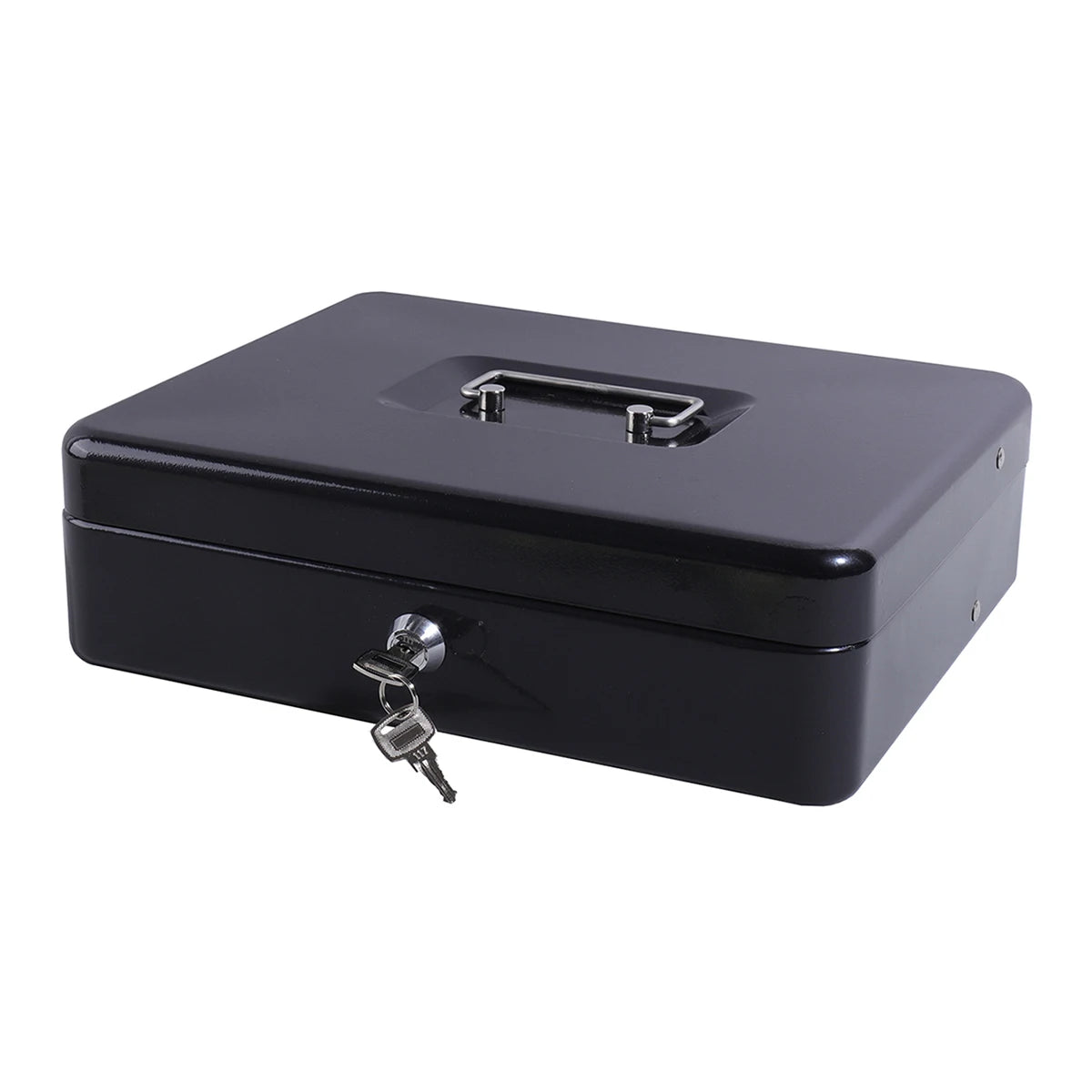 A black secure metal money box with a latch and keyhole.