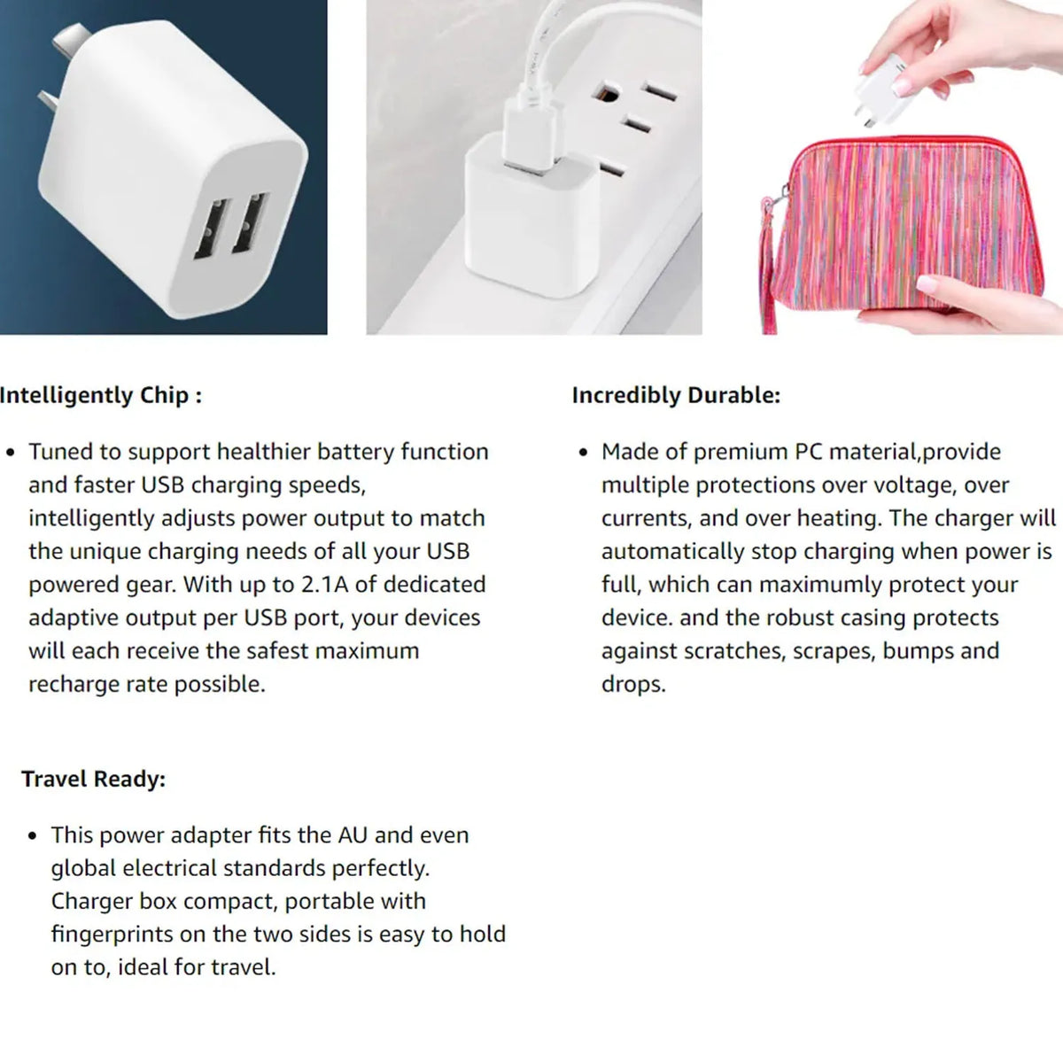 White dual port wall charger with a flexible cord and a pink zippered carrying pouch