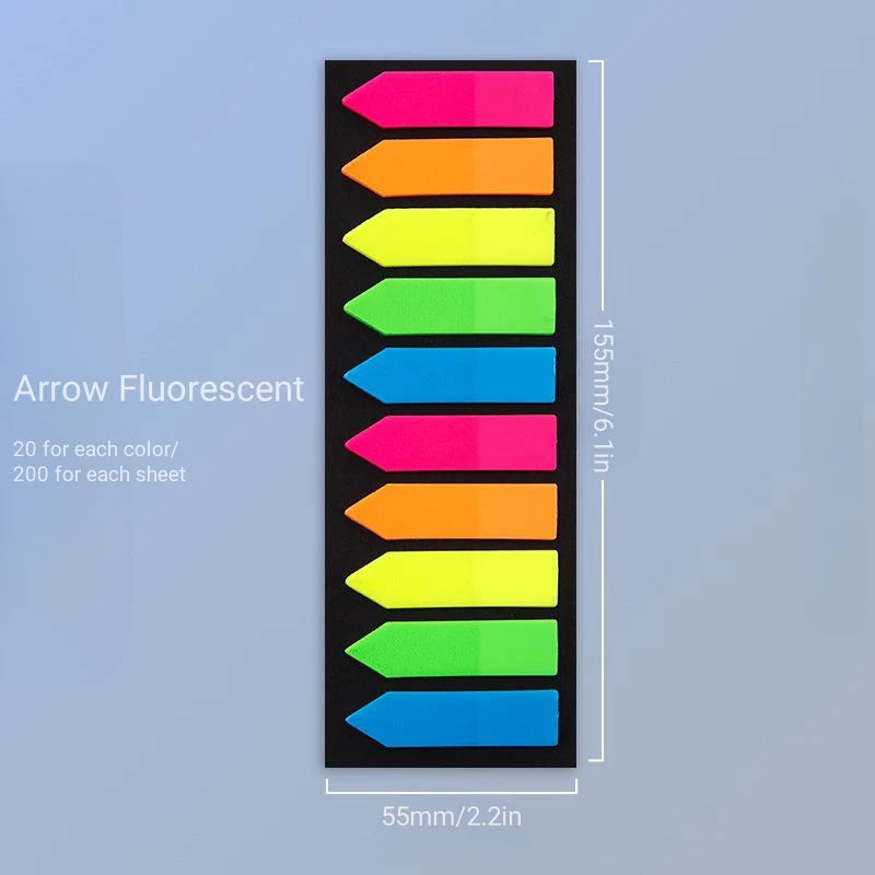 A vertical display of fluorescent arrow-shaped sticky notes in a rainbow gradient, measuring 155mm long.