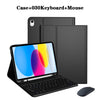 Estuche de teclado desmontable negro para iPad, mostrando el estuche, teclado, mouse y portátil.