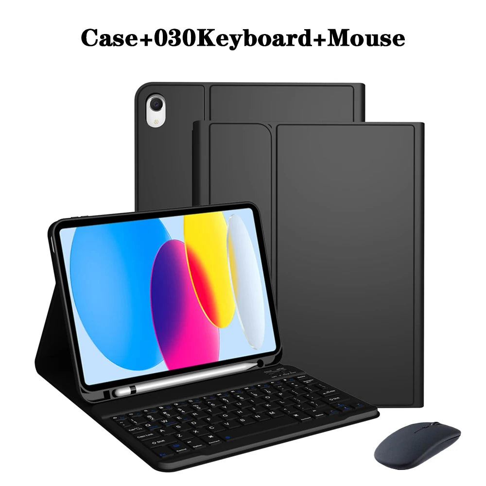 Estuche de teclado desmontable negro para iPad, mostrando el estuche, teclado, mouse y portátil.