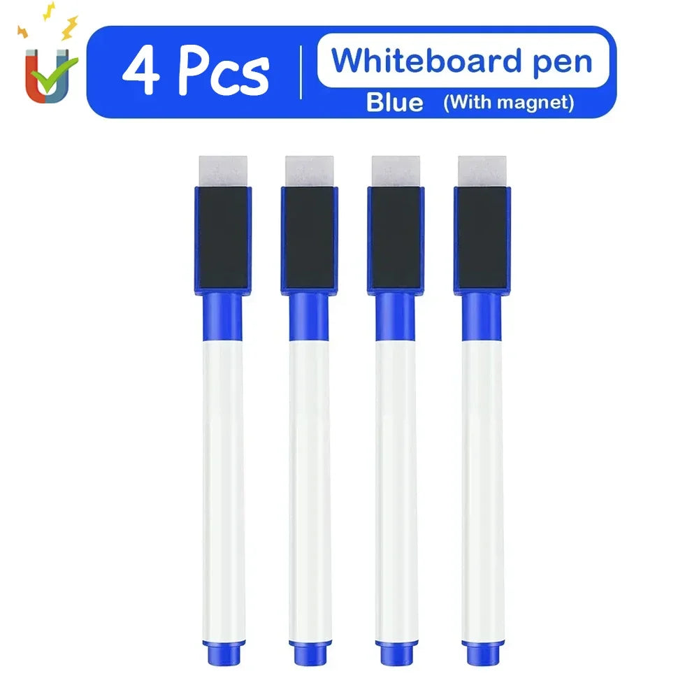 Vier blaue Whiteboard-Marker mit Magneten enthalten