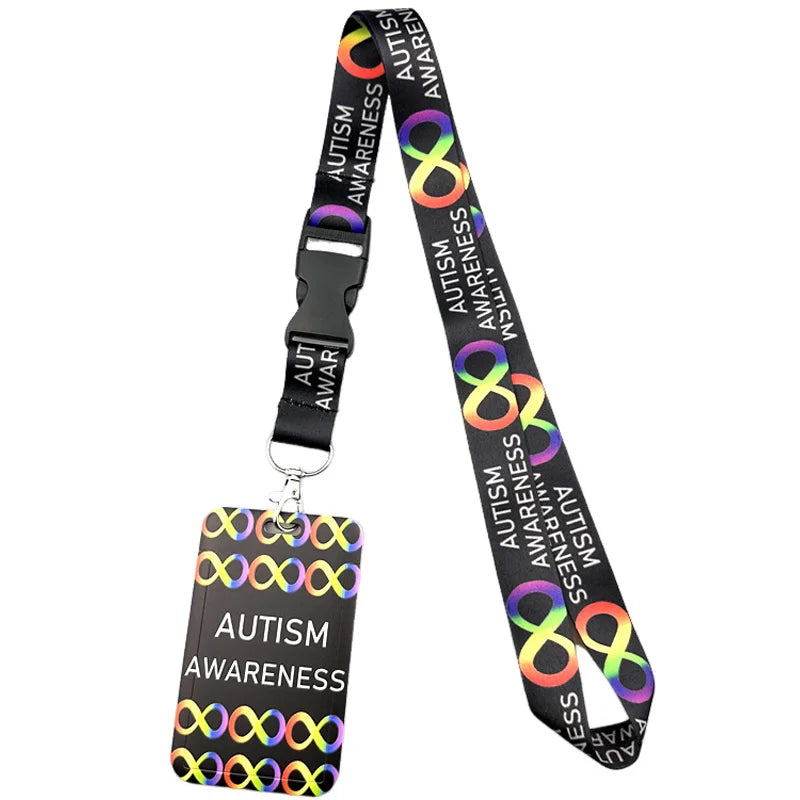 Ein Lanyard mit einem Bewusstseinsband für Autismus mit einem farbenfrohen, abstrakten Muster.